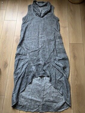 Athena Marie Dyed Asymmetric Grey Cowl Neck Linen Dress, Size L
